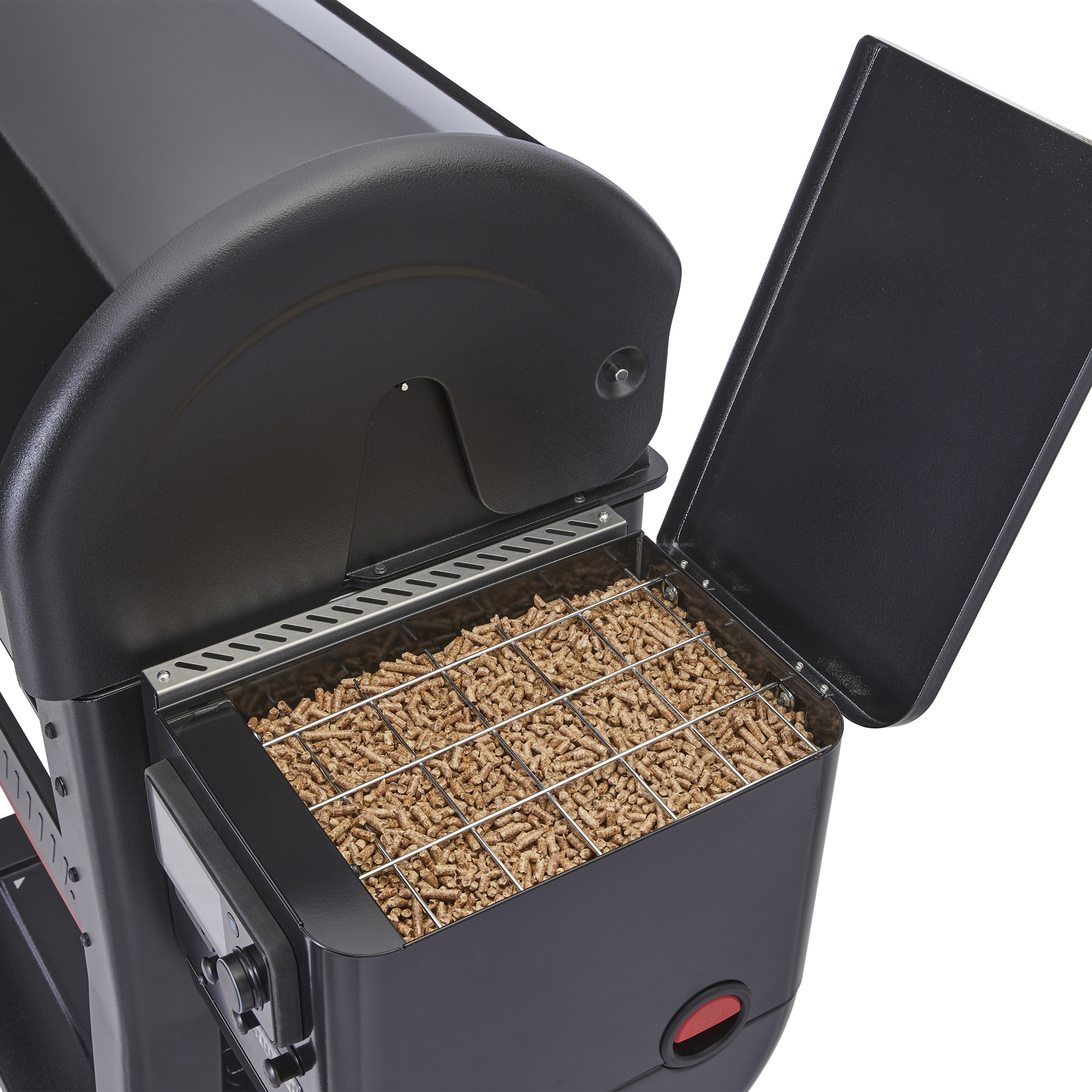 Two pork shoulders smoking on the Weber Searwood XL 600, controller showing 180°F chamber temp and 154°F internal meat probe reading mid-cook.